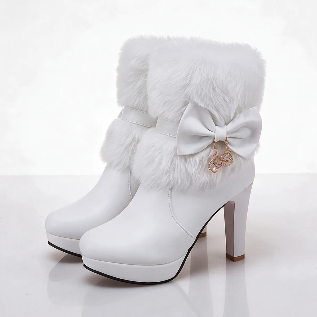 White Women's Winter Ankle Boots with Plush Collar & Cushioned Insole - Front Full