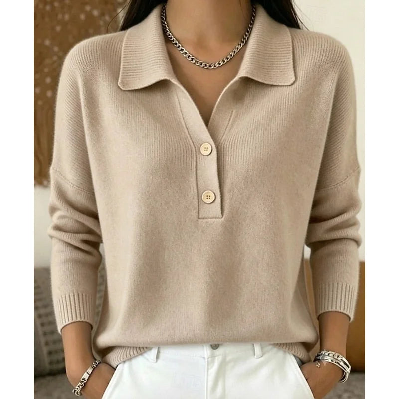 Khaki Women's Polo Collar Sweater with Relaxed Fit & Soft Knit Feel