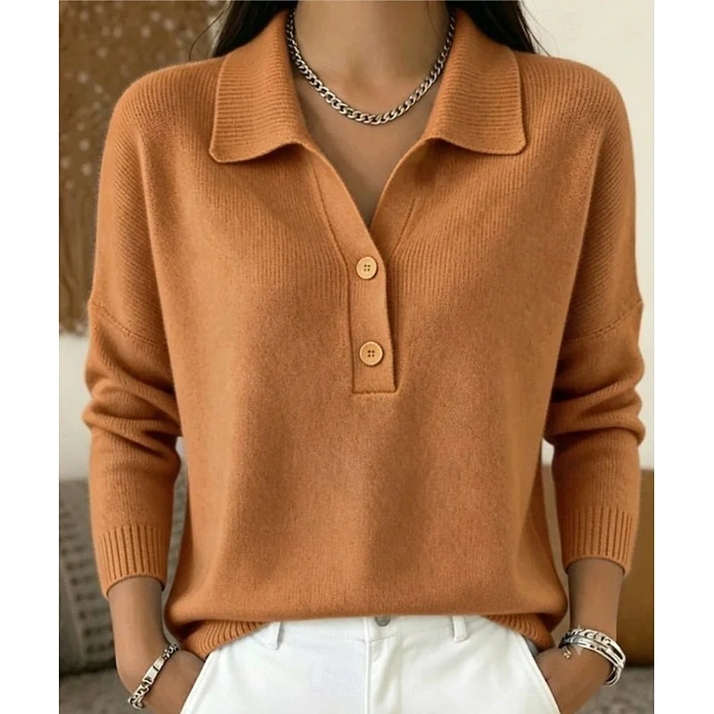 Light Brown Women's Polo Collar Sweater with Relaxed Fit & Soft Knit Feel - Front Detail