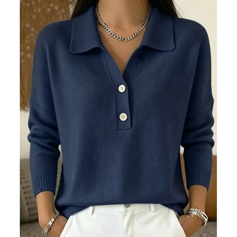 Dark Blue Women's Polo Collar Sweater with Relaxed Fit & Soft Knit Feel - Front View