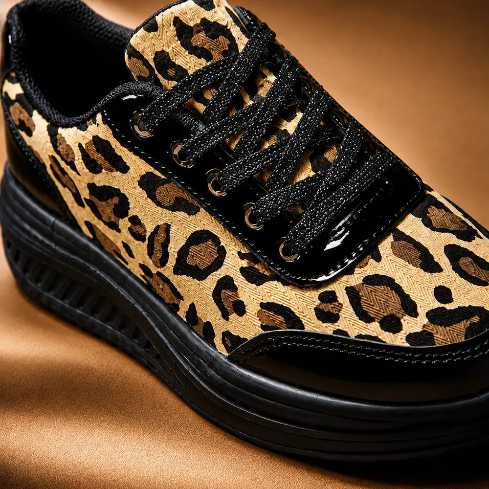 Women's Leopard Print Platform Sneakers with Lace-Up Closure - Lace Up Close Up