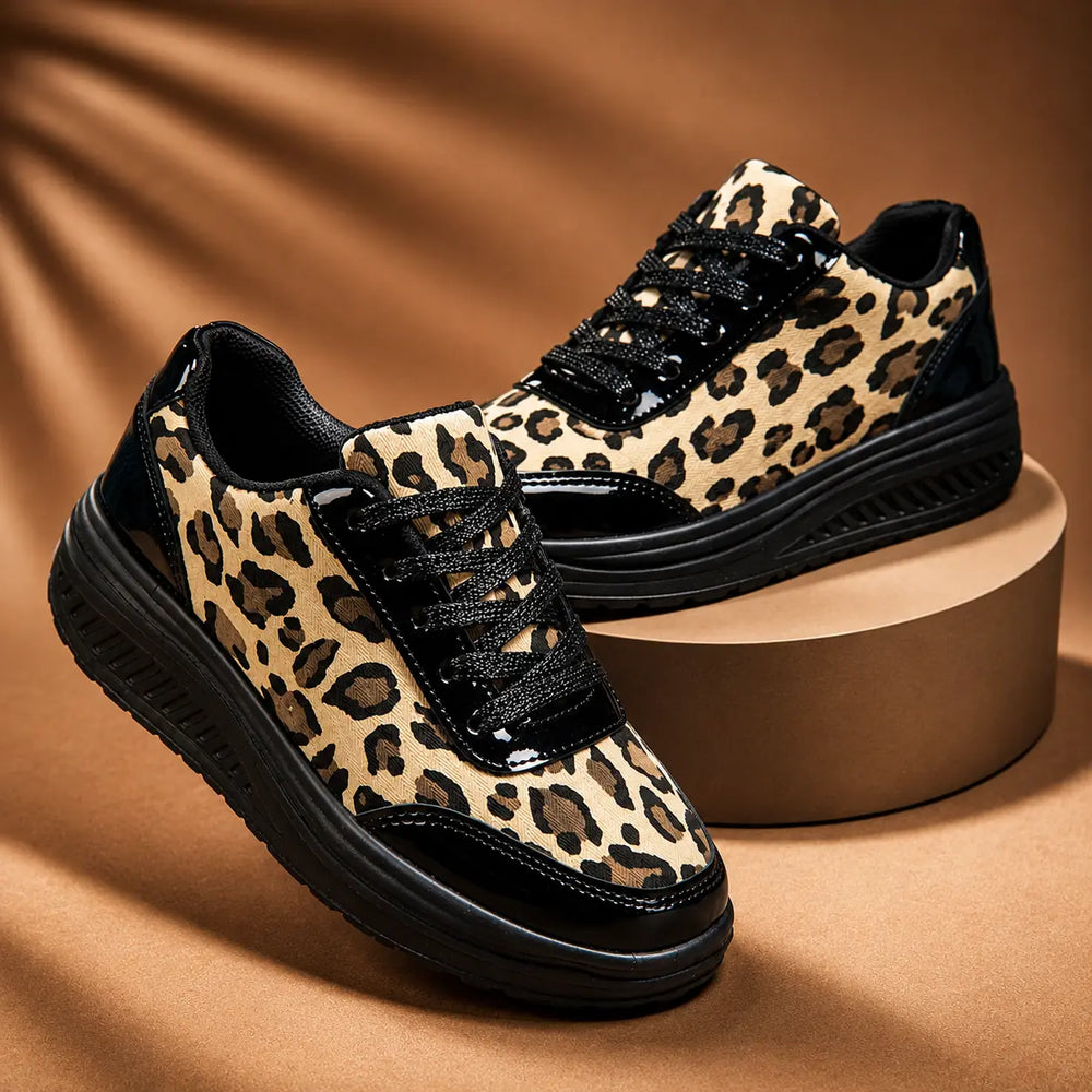 Women's Leopard Print Platform Sneakers with Lace-Up Closure - Pair Studio Brown