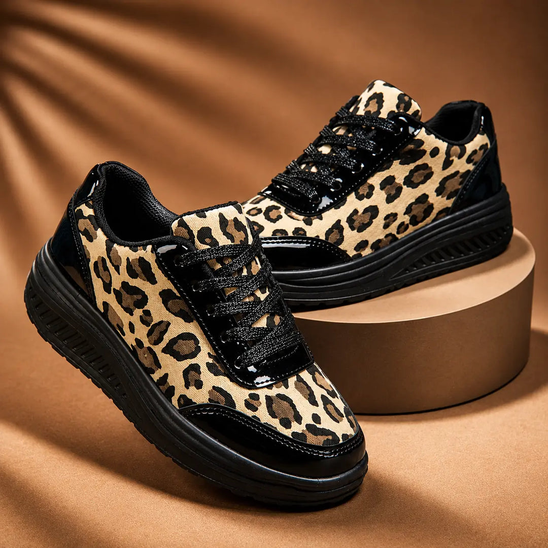 Women's Leopard Print Platform Sneakers with Lace-Up Closure - Pair Studio Brown