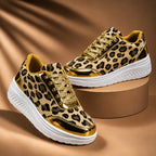 Gold Women's Leopard Print Platform Sneakers with Lace-Up Closure - Pair Studio Stand