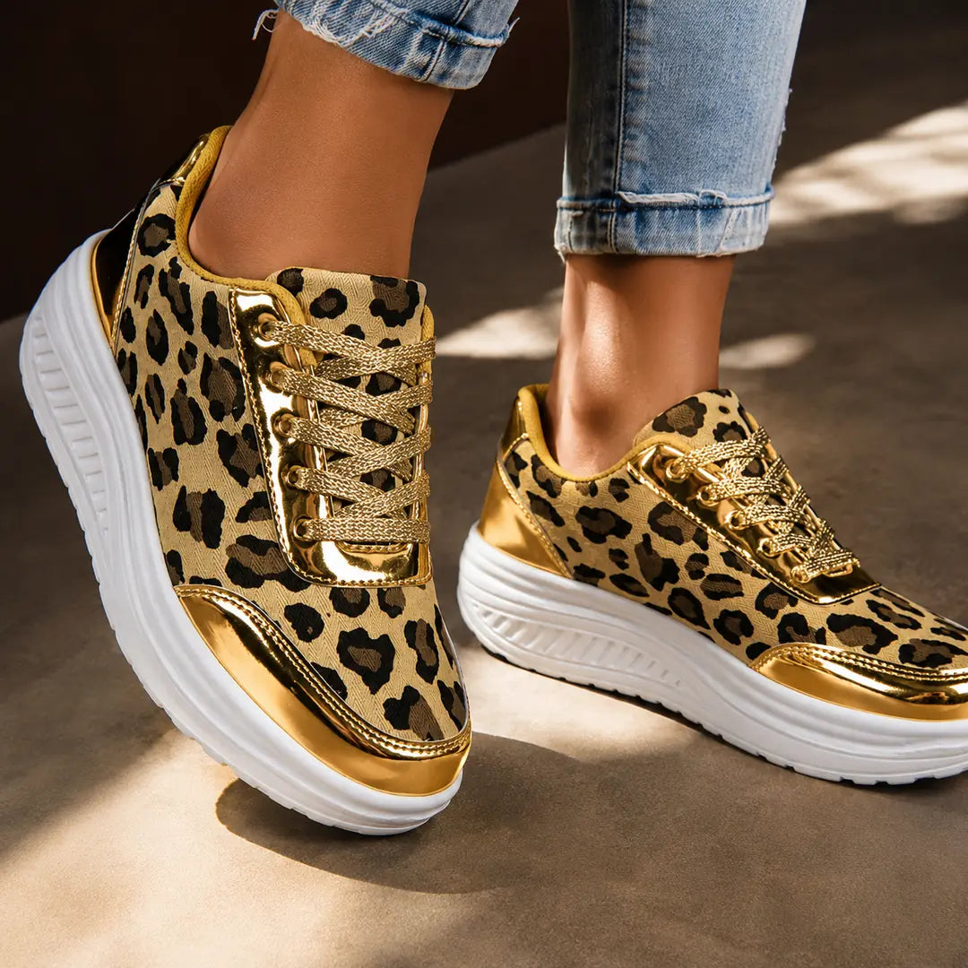 Women's Leopard Print Platform Sneakers with Lace-Up Closure - Worn Lifestyle Jeans