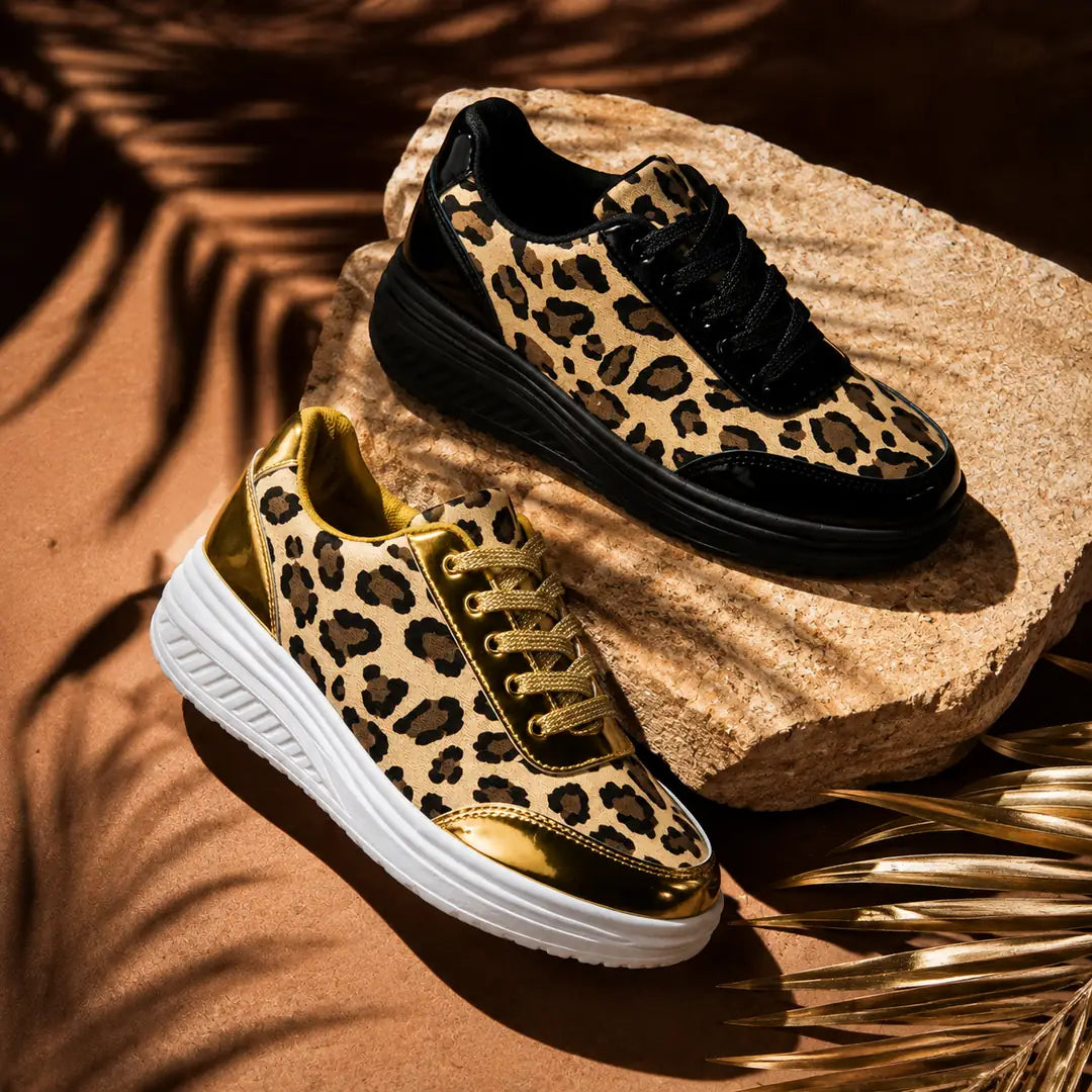 Women's Leopard Print Platform Sneakers with Lace-Up Closure - Both Colors Comparison