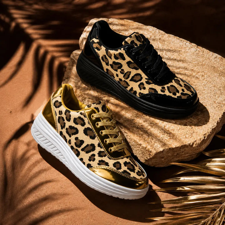 Women's Leopard Print Platform Sneakers with Lace-Up Closure - Both Colors Comparison
