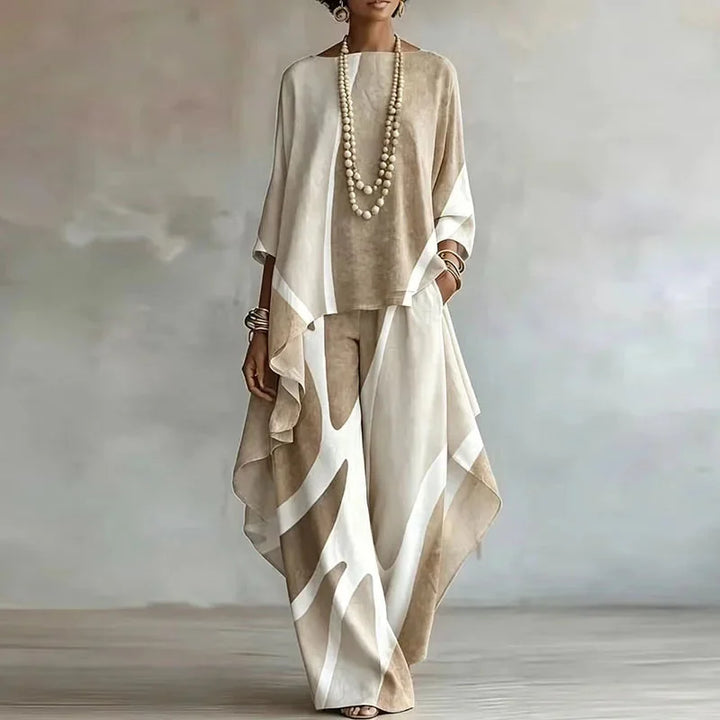 Beige Women's Abstract Print Trouser Set with Wide-Leg Pants & Ruffle Sleeve Top