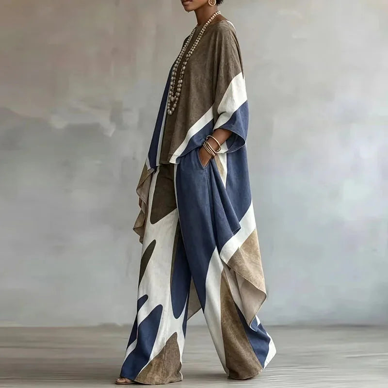 Blue Women's Abstract Print Trouser Set with Wide-Leg Pants & Ruffle Sleeve Top — Leah - Side Pose