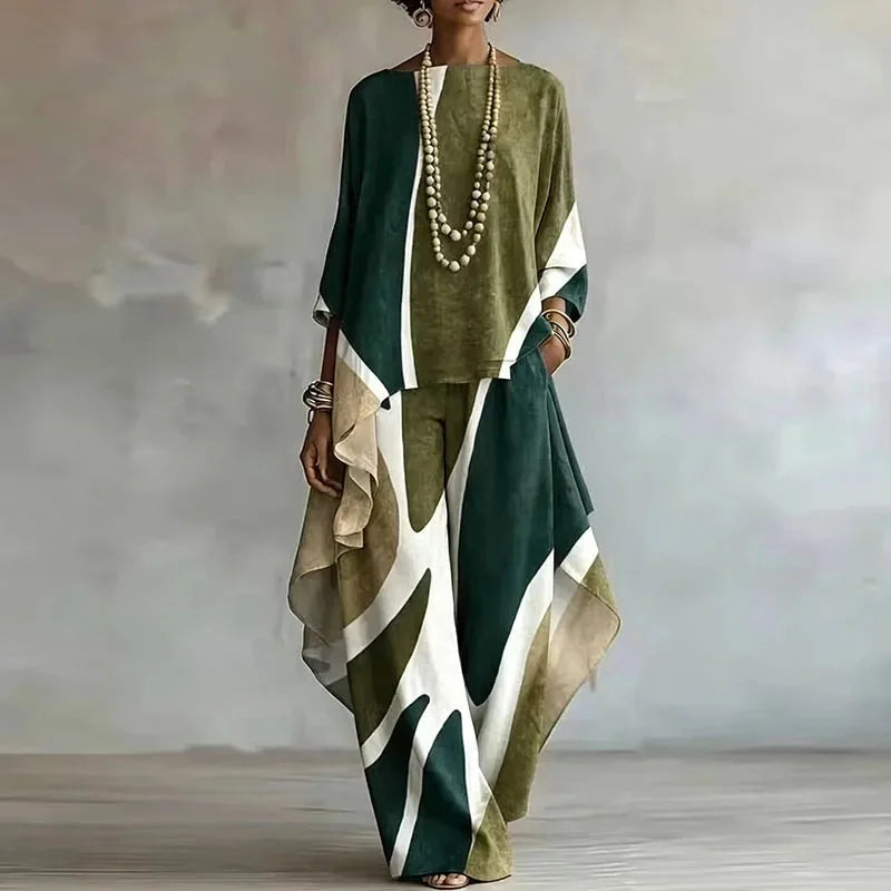 Green Women's Abstract Print Trouser Set with Wide-Leg Pants & Ruffle Sleeve Top