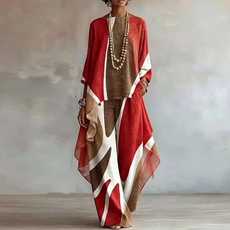 Red Women's Abstract Print Trouser Set with Wide-Leg Pants & Ruffle Sleeve Top