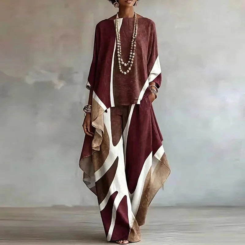 Wine Red Women's Abstract Print Trouser Set with Wide-Leg Pants & Ruffle Sleeve Top - Front Full Pose