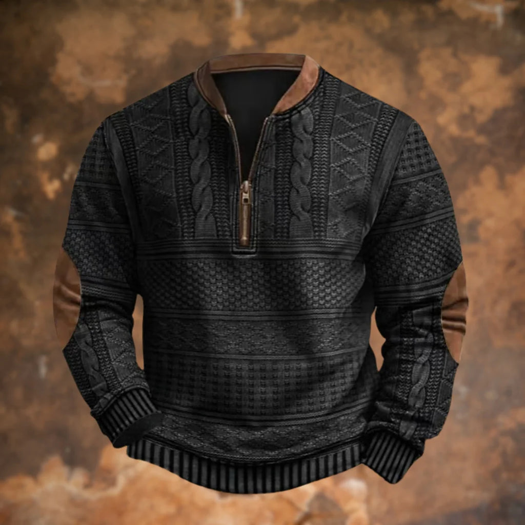 Black Men's Quarter Zip Sweater with Elbow Patches & Ribbed Cuffs
