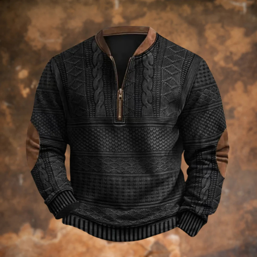 Black Men's Quarter Zip Sweater with Elbow Patches & Ribbed Cuffs