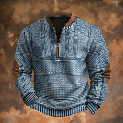 Blue Men's Quarter Zip Sweater with Elbow Patches & Ribbed Cuffs — Knox