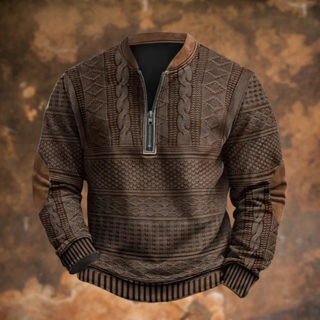 Brown Men's Quarter Zip Sweater with Elbow Patches & Ribbed Cuffs — Knox