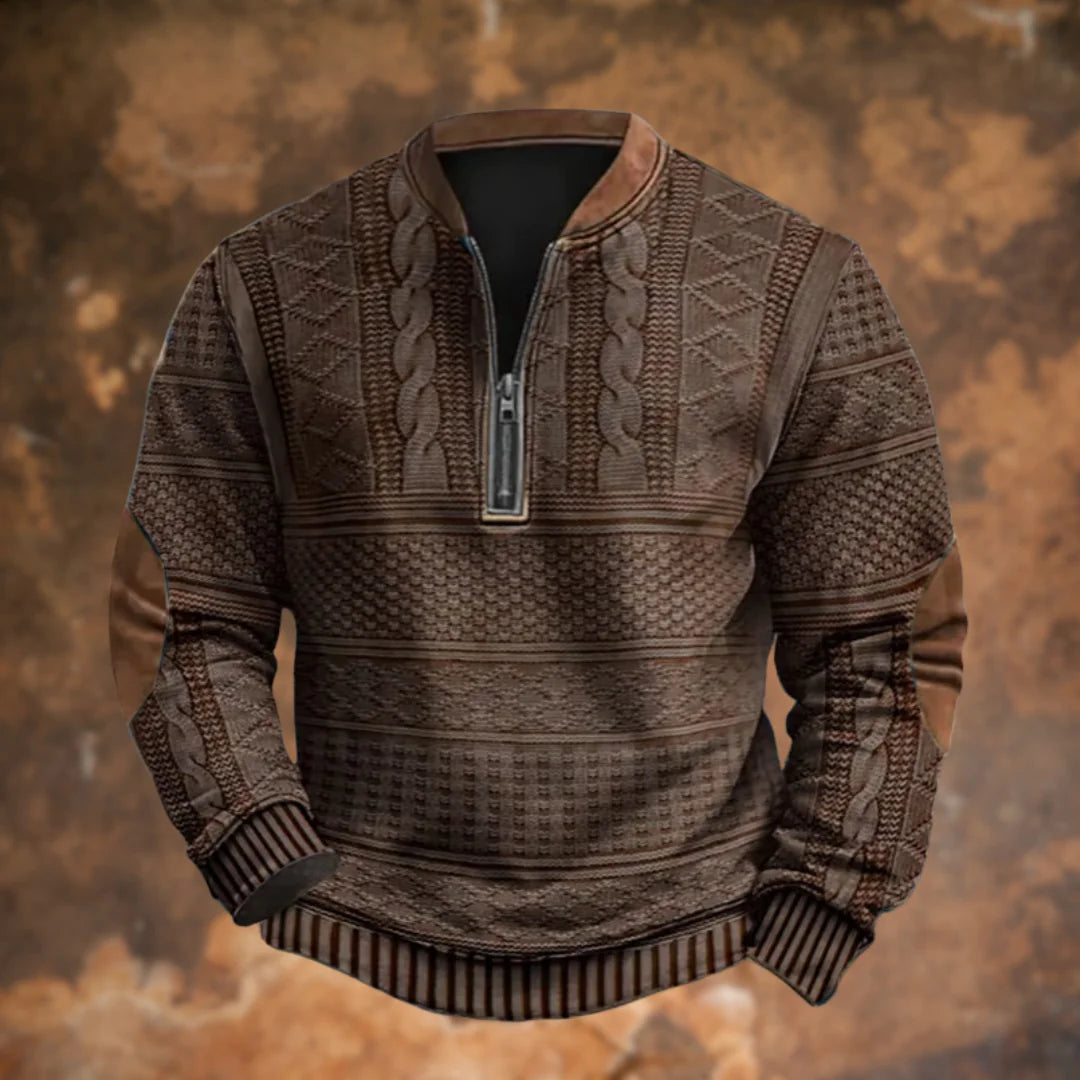 Brown Men's Quarter Zip Sweater with Elbow Patches & Ribbed Cuffs — Knox