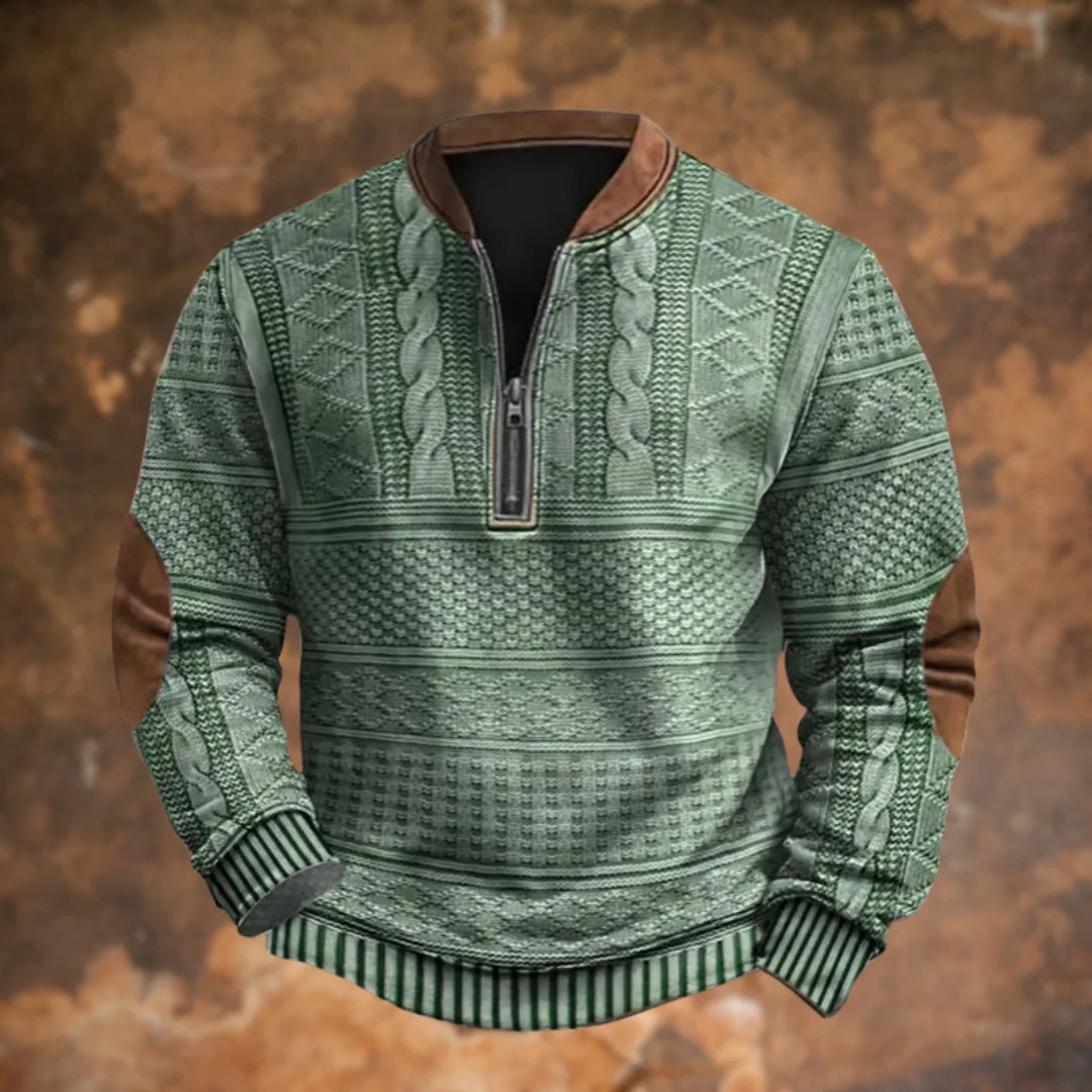Green Men's Quarter Zip Sweater with Elbow Patches & Ribbed Cuffs — Knox