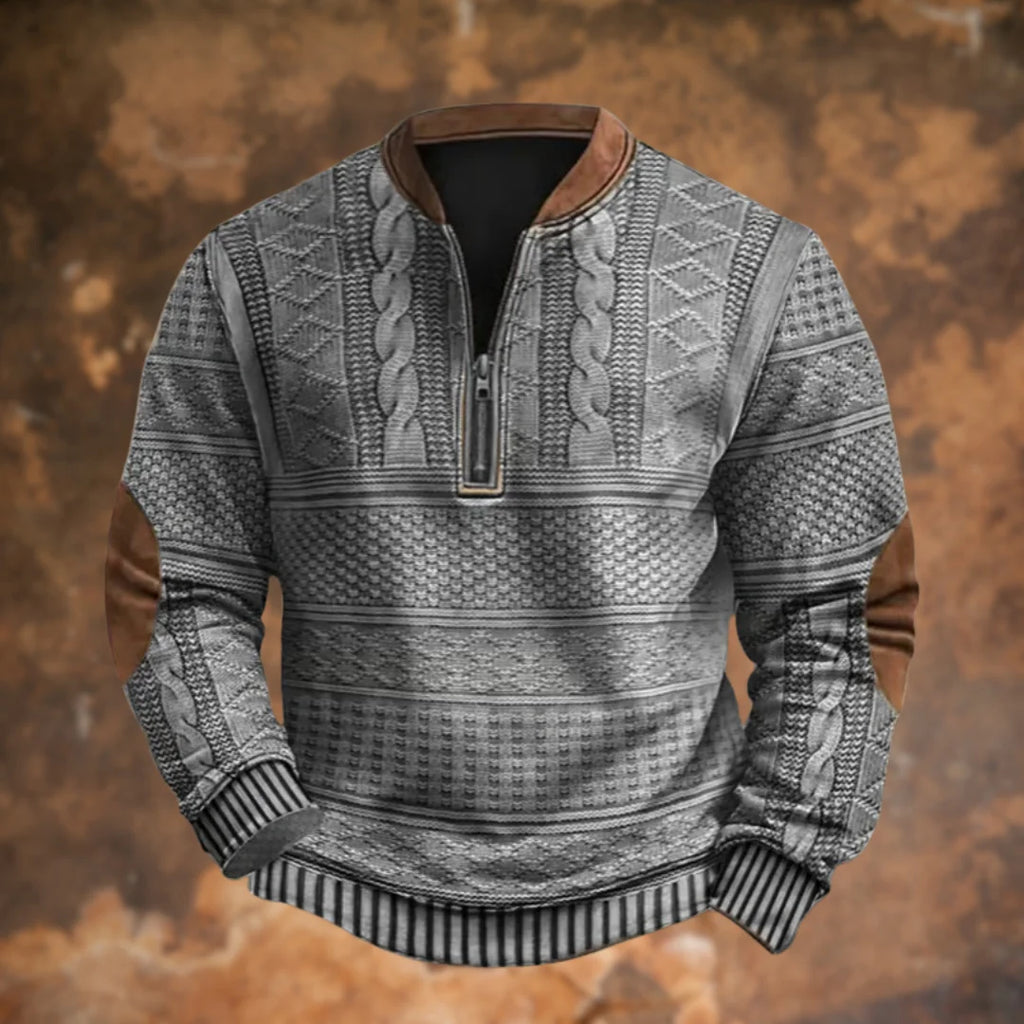 Grey Men's Quarter Zip Sweater with Elbow Patches & Ribbed Cuffs — Knox