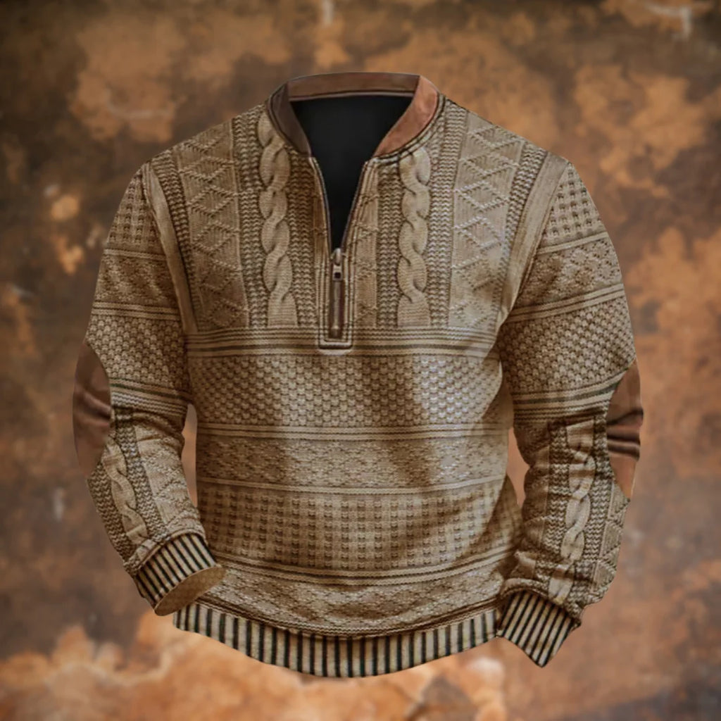 Khaki Men's Quarter Zip Sweater with Elbow Patches & Ribbed Cuffs — Knox - Front Display