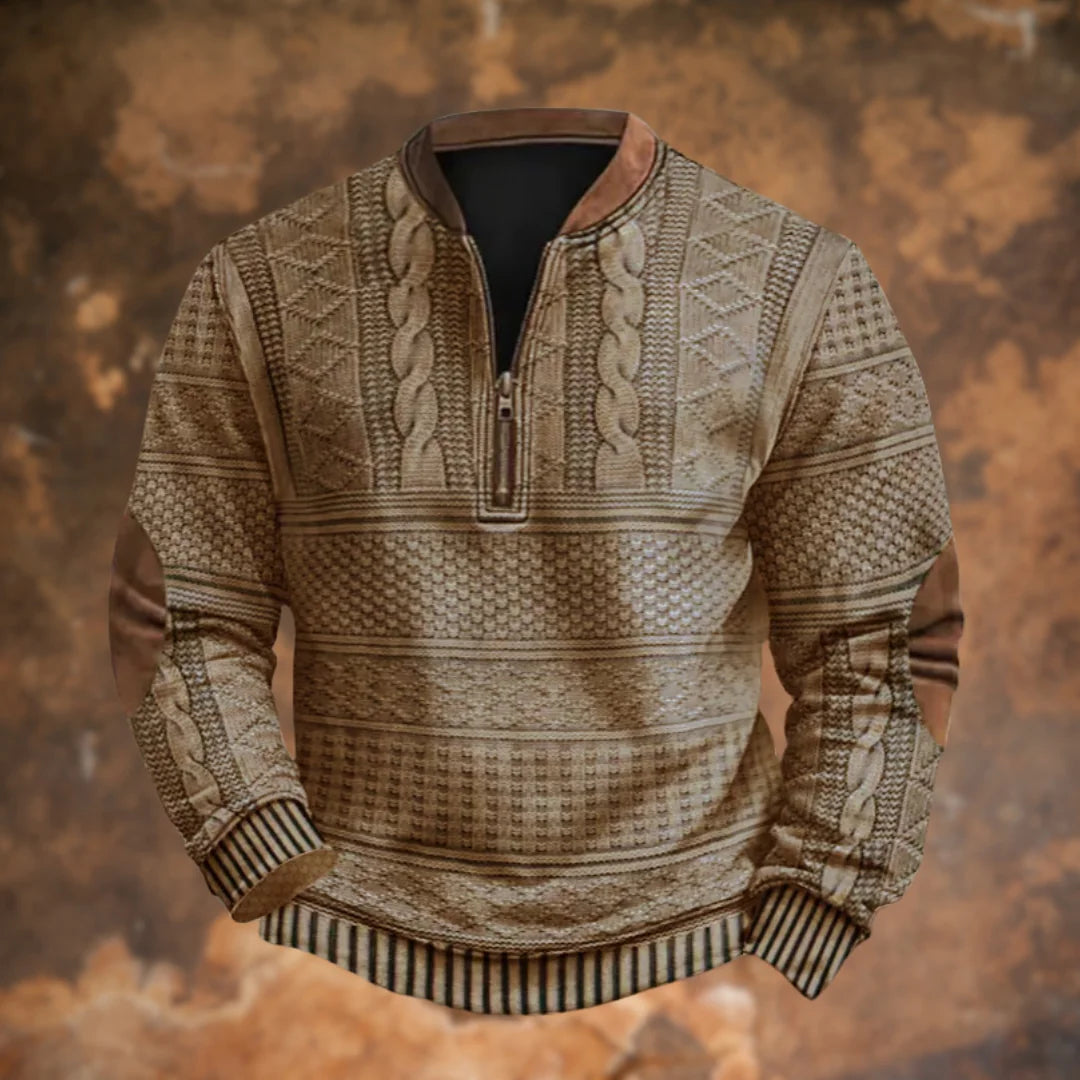 Khaki Men's Quarter Zip Sweater with Elbow Patches & Ribbed Cuffs — Knox - Front Display