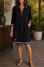 Black Women's Quarter-Zip Collared Sweatshirt Dress with Ribbed Trim & Pockets