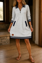 Grey Women's Quarter-Zip Collared Sweatshirt Dress with Ribbed Trim & Pockets