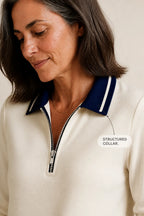 Women's Quarter-Zip Collared Sweatshirt Dress with Ribbed Trim & Pockets - Collar Zip Closeup