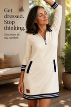 Women's Quarter-Zip Collared Sweatshirt Dress with Ribbed Trim & Pockets - Lifestyle Quote Overlay