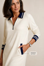 Women's Quarter-Zip Collared Sweatshirt Dress with Ribbed Trim & Pockets - Pocket Closeup
