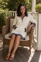 Women's Quarter-Zip Collared Sweatshirt Dress with Ribbed Trim & Pockets - Seated Lifestyle