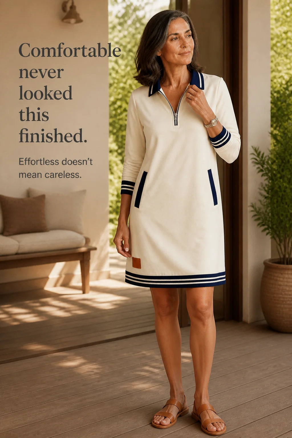 Women's Quarter-Zip Collared Sweatshirt Dress with Ribbed Trim & Pockets - Standing Lifestyle Quote