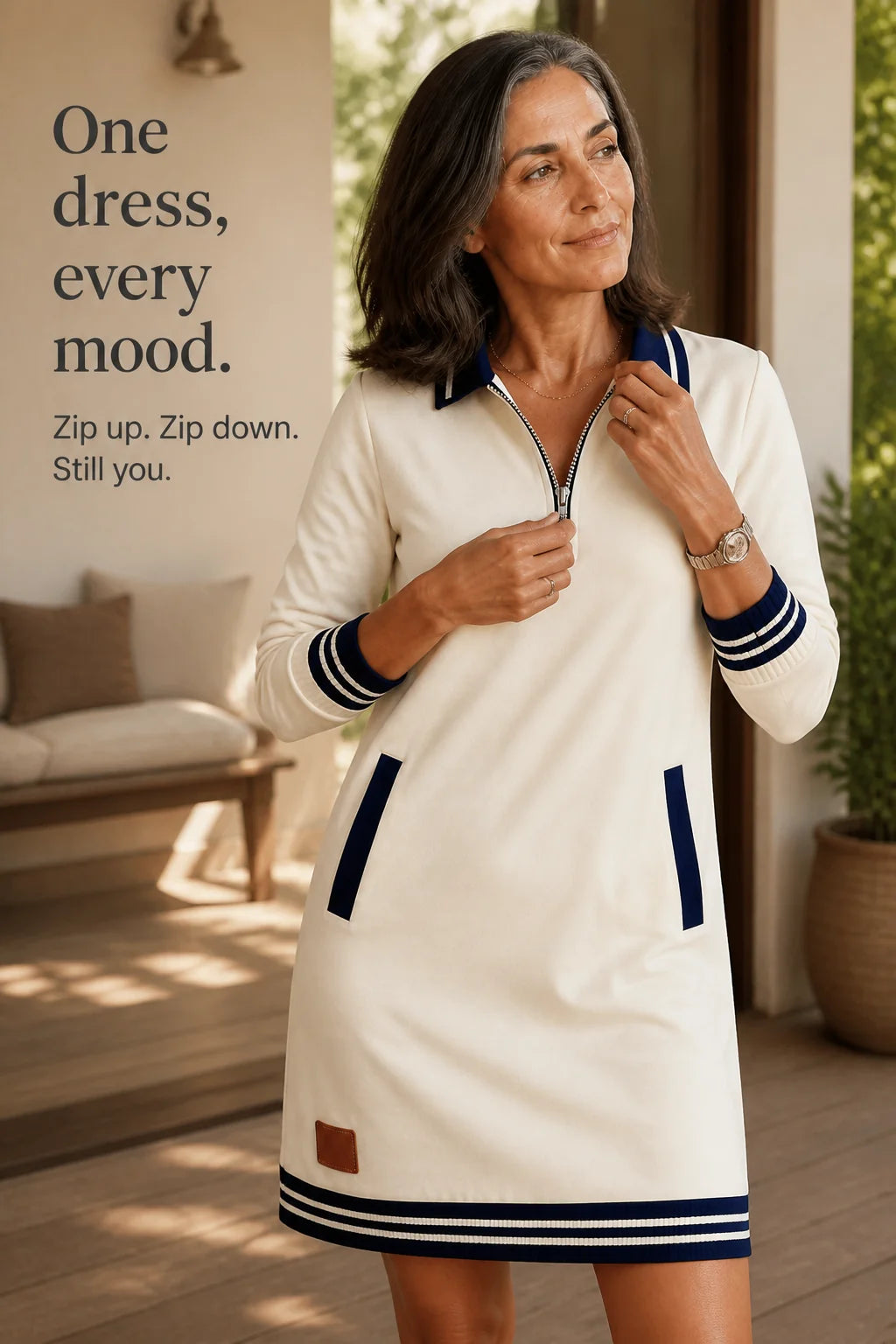 Women's Quarter-Zip Collared Sweatshirt Dress with Ribbed Trim & Pockets - Zip Adjust Lifestyle