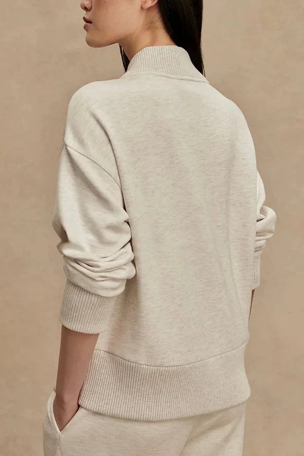 Beige Women's Quarter Zip Set with Wide-Leg Pants & Ribbed Cuffs — Solange - Back Detail