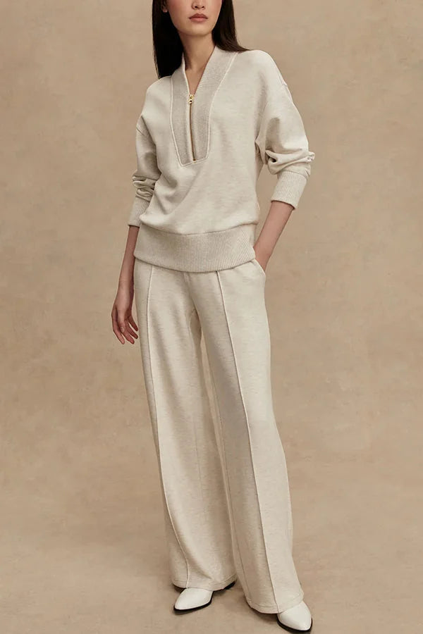 Beige Women's Quarter Zip Set with Wide-Leg Pants & Ribbed Cuffs — Solange