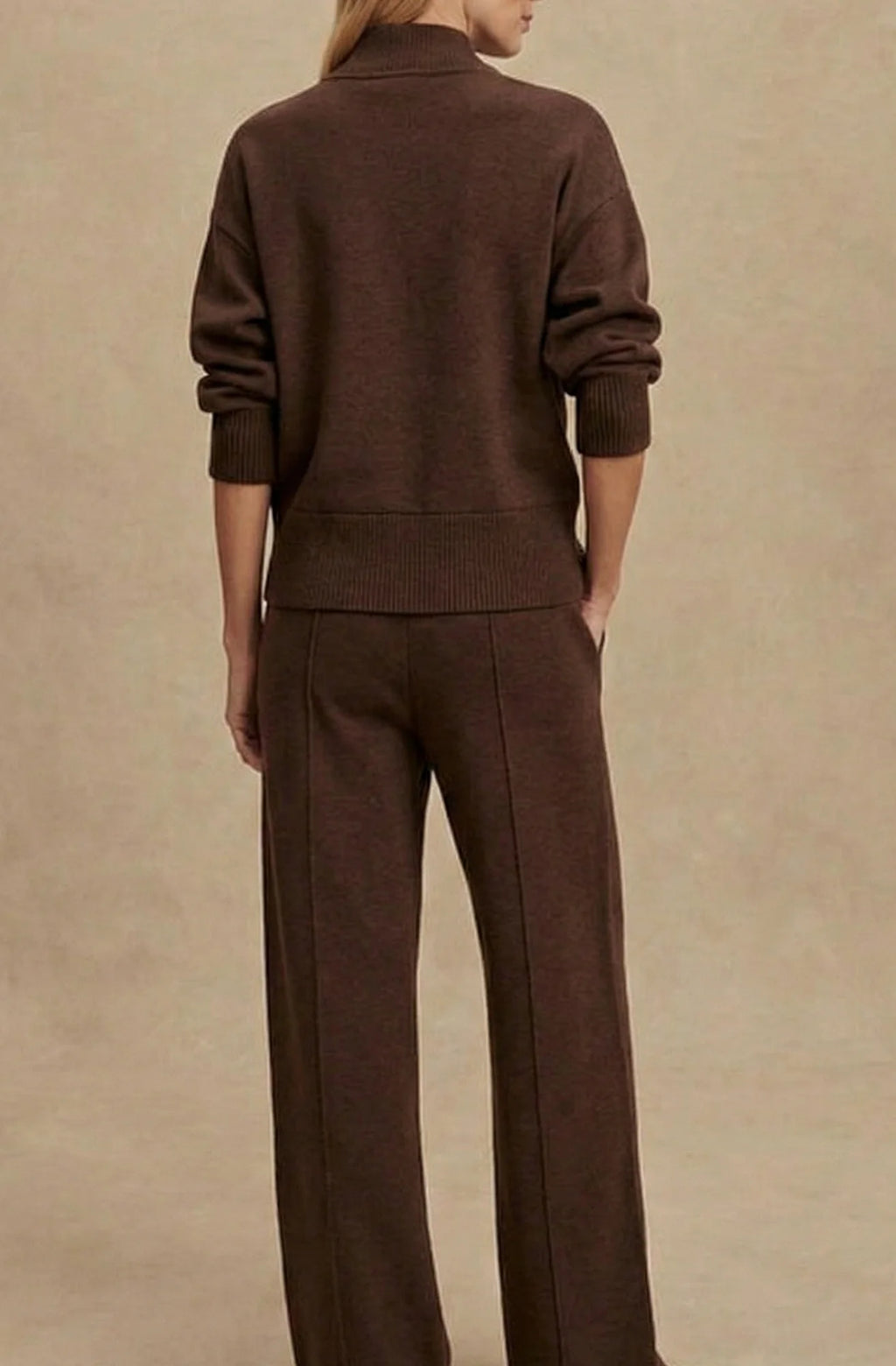 Brown Women's Quarter Zip Set with Wide-Leg Pants & Ribbed Cuffs — Solange - Back Full