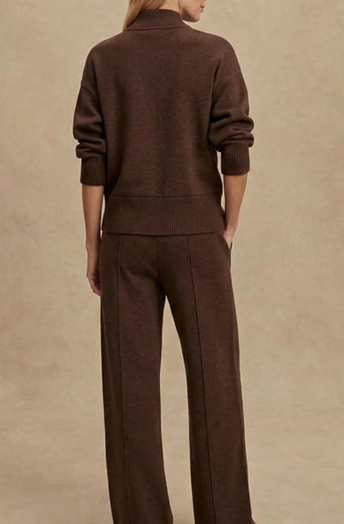 Brown Women's Quarter Zip Set with Wide-Leg Pants & Ribbed Cuffs — Solange - Back Full