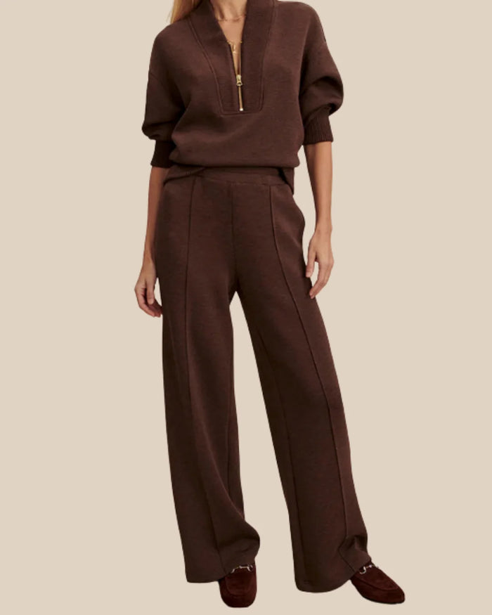 Brown Women's Quarter Zip Set with Wide-Leg Pants & Ribbed Cuffs — Solange - Front Full