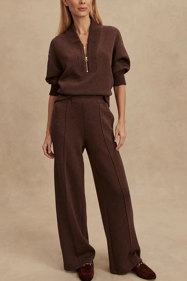 Brown Women's Quarter Zip Set with Wide-Leg Pants & Ribbed Cuffs — Solange