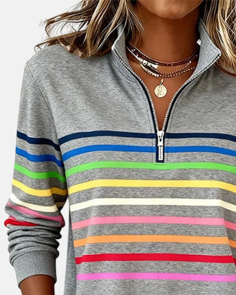 Women's Striped Quarter Zip Sweatshirt with Relaxed Fit & Ribbed Collar - Close Up Zipper