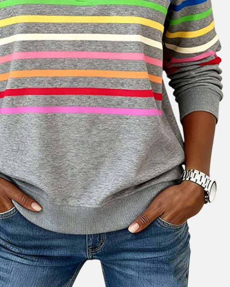 Women's Striped Quarter Zip Sweatshirt with Relaxed Fit & Ribbed Collar - Torso Detail