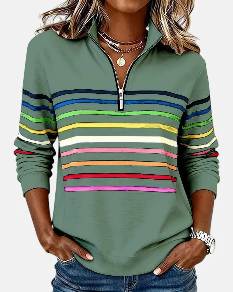 Green Women's Striped Quarter Zip Sweatshirt with Relaxed Fit & Ribbed Collar
