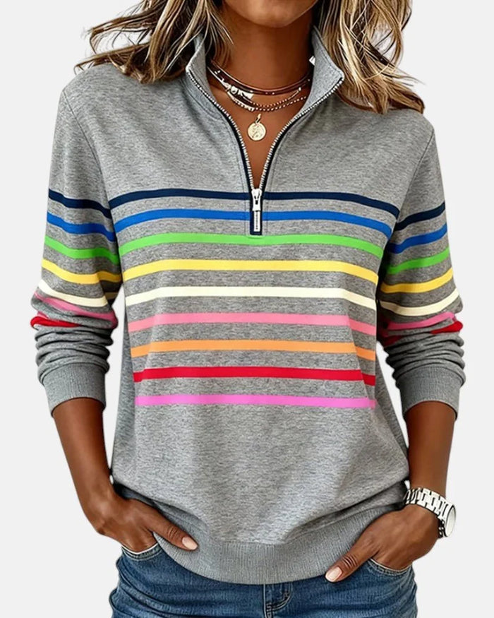 Grey Women's Striped Quarter Zip Sweatshirt with Relaxed Fit & Ribbed Collar