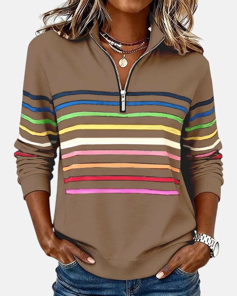 Khaki Women's Striped Quarter Zip Sweatshirt with Relaxed Fit & Ribbed Collar