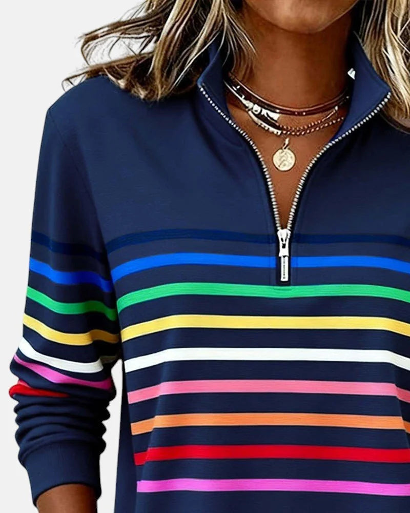 Women's Striped Quarter Zip Sweatshirt with Relaxed Fit & Ribbed Collar - Close Up Neckline