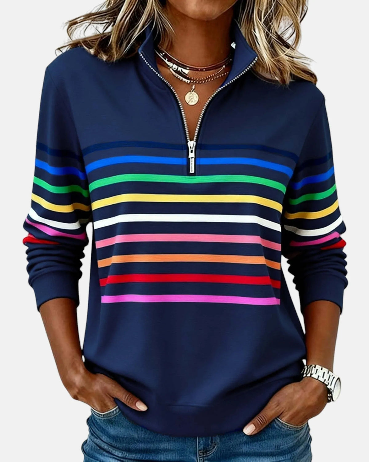 Navy Blue Women's Striped Quarter Zip Sweatshirt with Relaxed Fit & Ribbed Collar - Front Pose