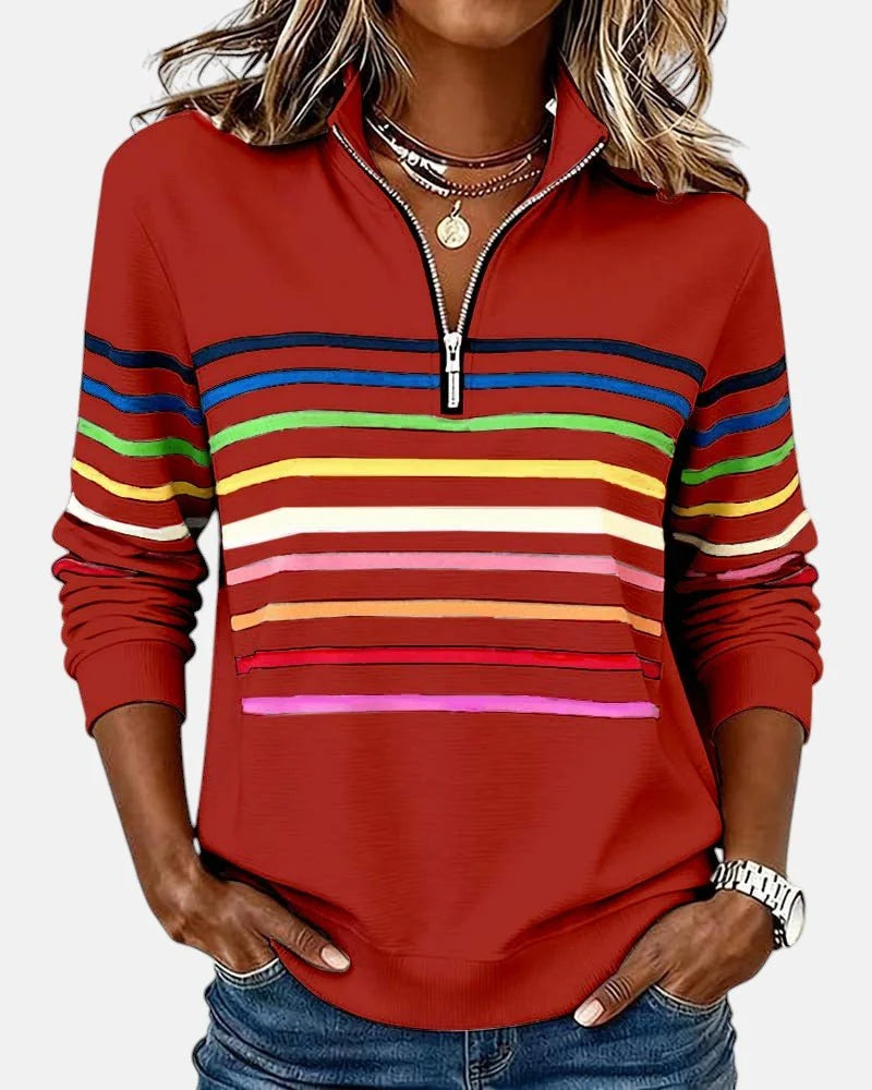 Red Women's Striped Quarter Zip Sweatshirt with Relaxed Fit & Ribbed Collar