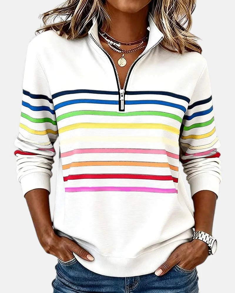 White Women's Striped Quarter Zip Sweatshirt with Relaxed Fit & Ribbed Collar - Front Studio