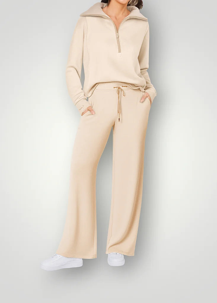 Beige Women's Half-Zip Lounge Set with Wide-Leg Drawstring Pants