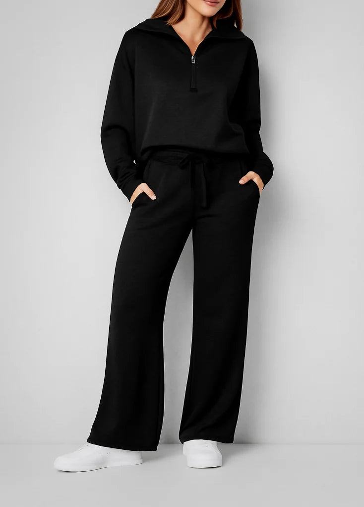Black Women's Half-Zip Lounge Set with Wide-Leg Drawstring Pants